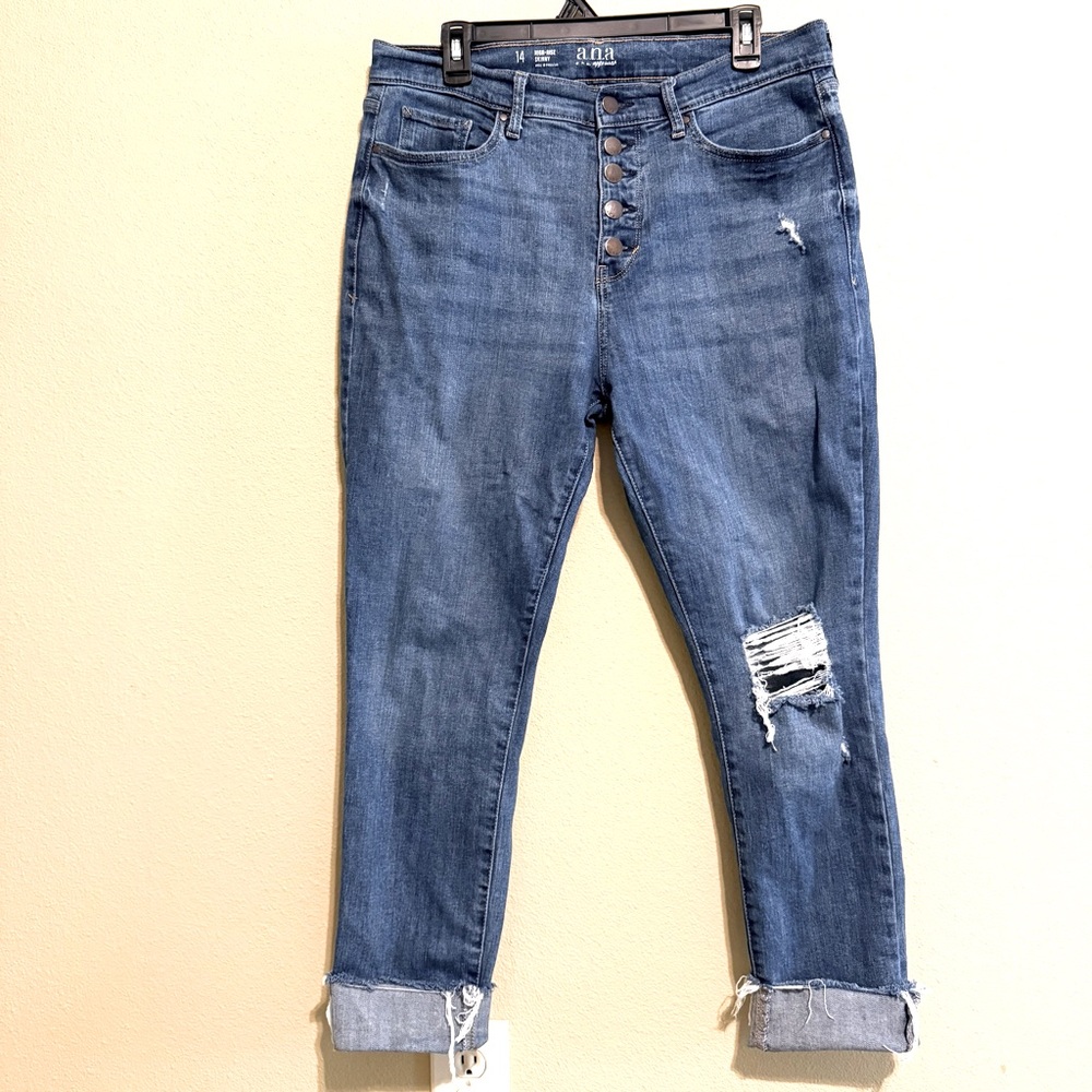 A.N.A Women's Blue Distressed Jeans With Cuff Button Fly High Rise Size 14